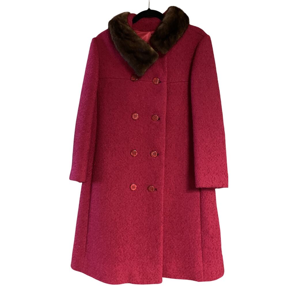 Vintage 60s Barbie Pink Union Wool Coat Fur Collar Large Boucle Winter Coat L